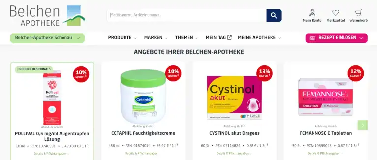 Bildausschnitt des Web-Shops der Belchen-Apotheke in Schönau